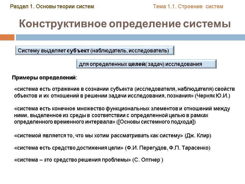 Конструктивное определение системы Примеры определений: «системой является то, что мы хотим рассматривать как систему» Конструктивное определение системы Примеры определений: «системой является то, что мы хотим рассматривать как систему»